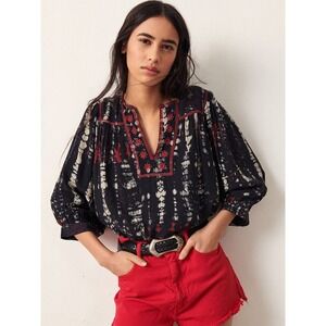 NWT ba&sh idris Embroidered Tie Dye Peasant Blouse Black Red Women 2/ XS